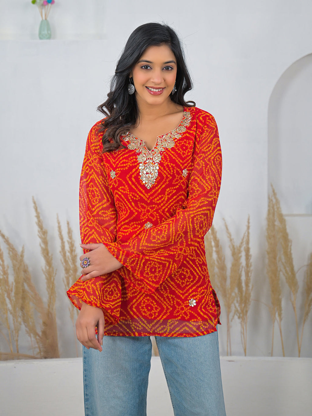 Noe Velarro Red Bandhani Gotta Patti Work Geogratte V-Neck Top