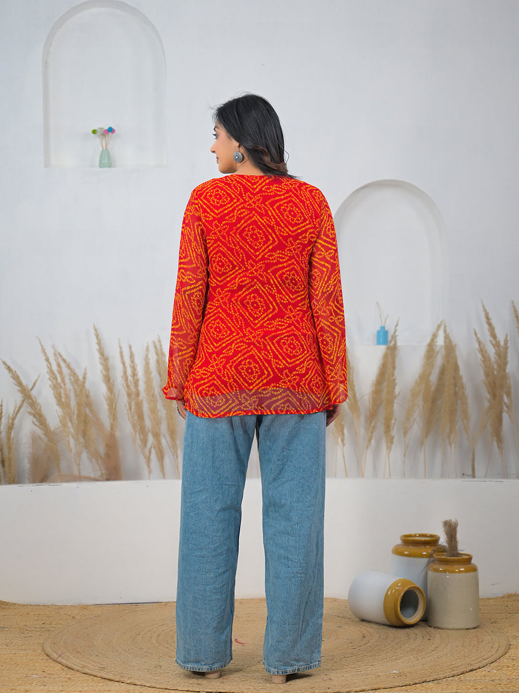 Noe Velarro Red Bandhani Gotta Patti Work Geogratte V-Neck Top