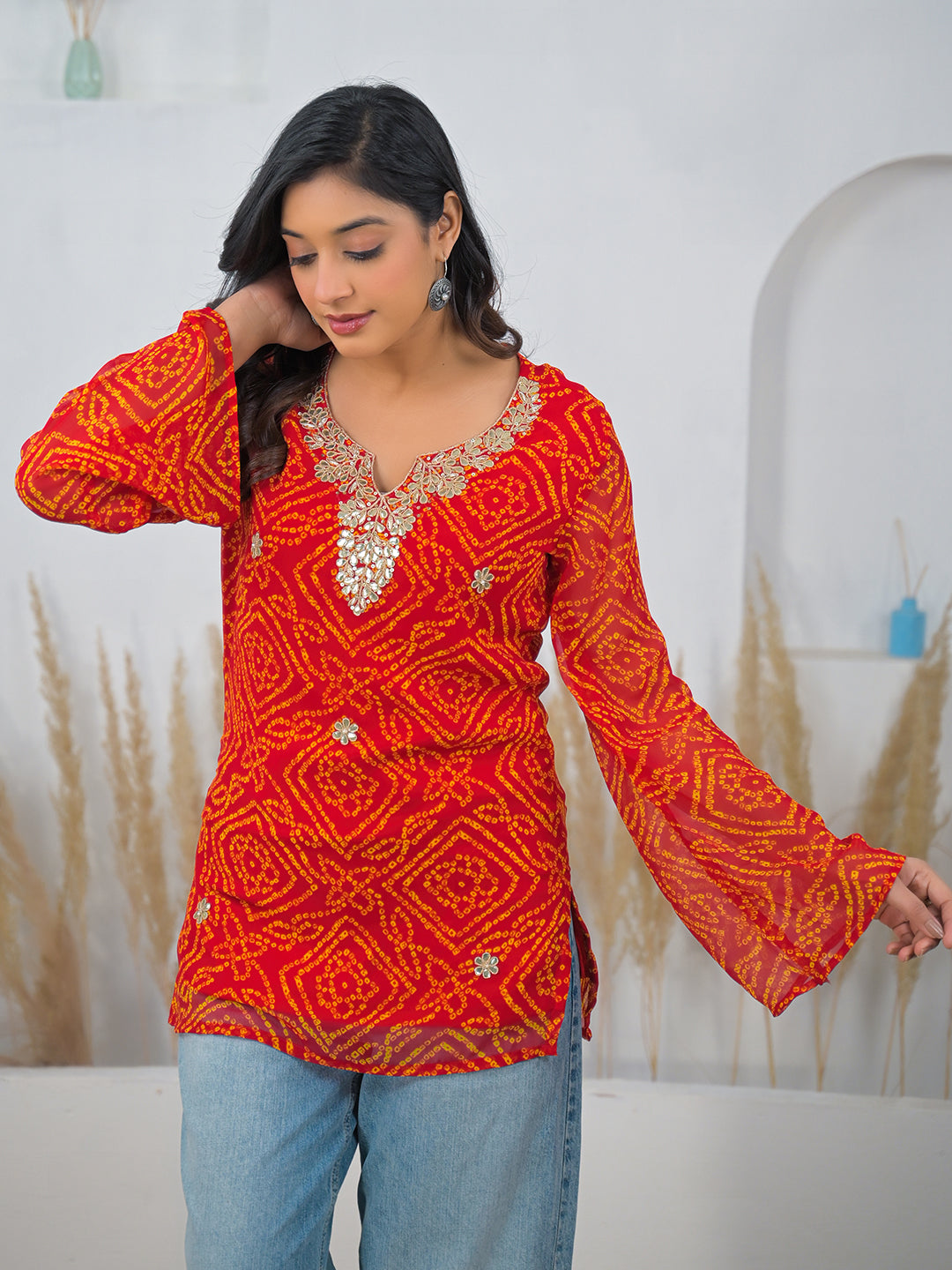 Noe Velarro Red Bandhani Gotta Patti Work Geogratte V-Neck Top