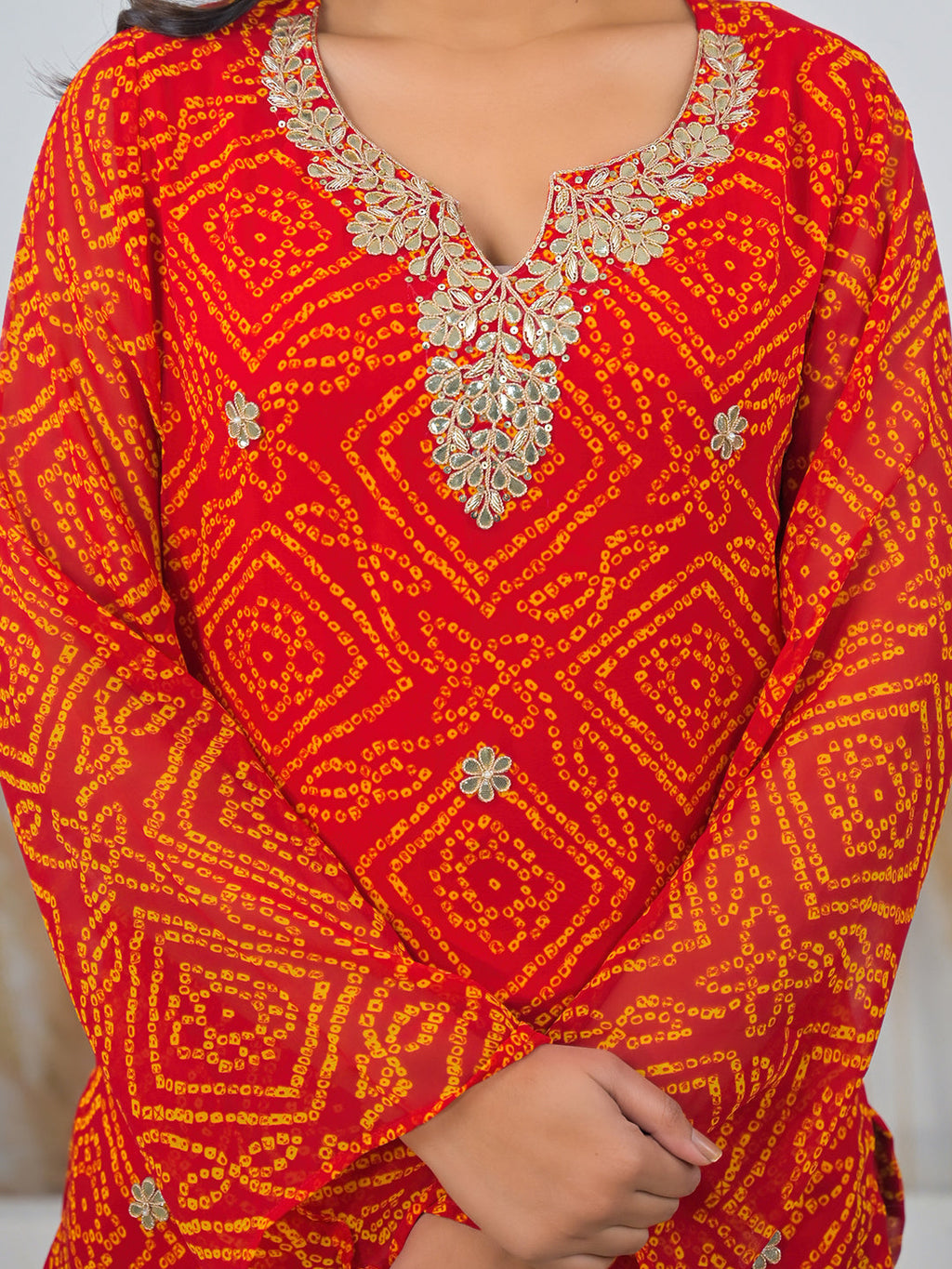 Noe Velarro Red Bandhani Gotta Patti Work Geogratte V-Neck Top