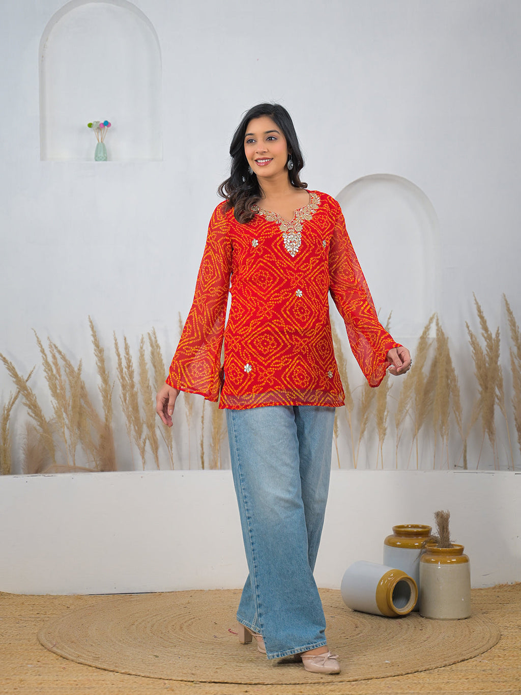 Noe Velarro Red Bandhani Gotta Patti Work Geogratte V-Neck Top