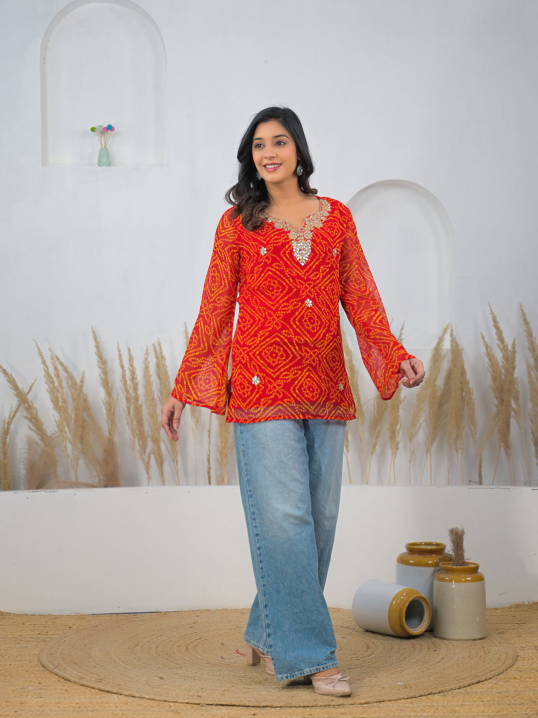 Noe Velarro Red Bandhani Gotta Patti Work Geogratte V-Neck Top