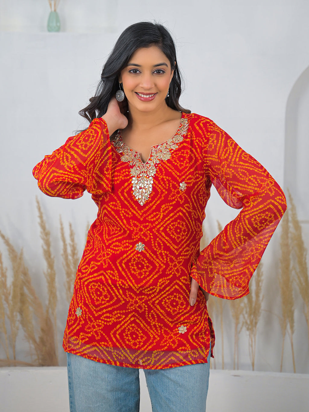 Noe Velarro Red Bandhani Gotta Patti Work Geogratte V-Neck Top