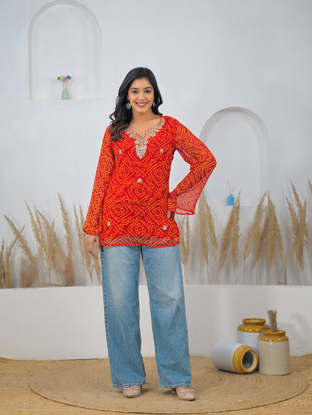 Noe Velarro Red Bandhani Gotta Patti Work Geogratte V-Neck Top