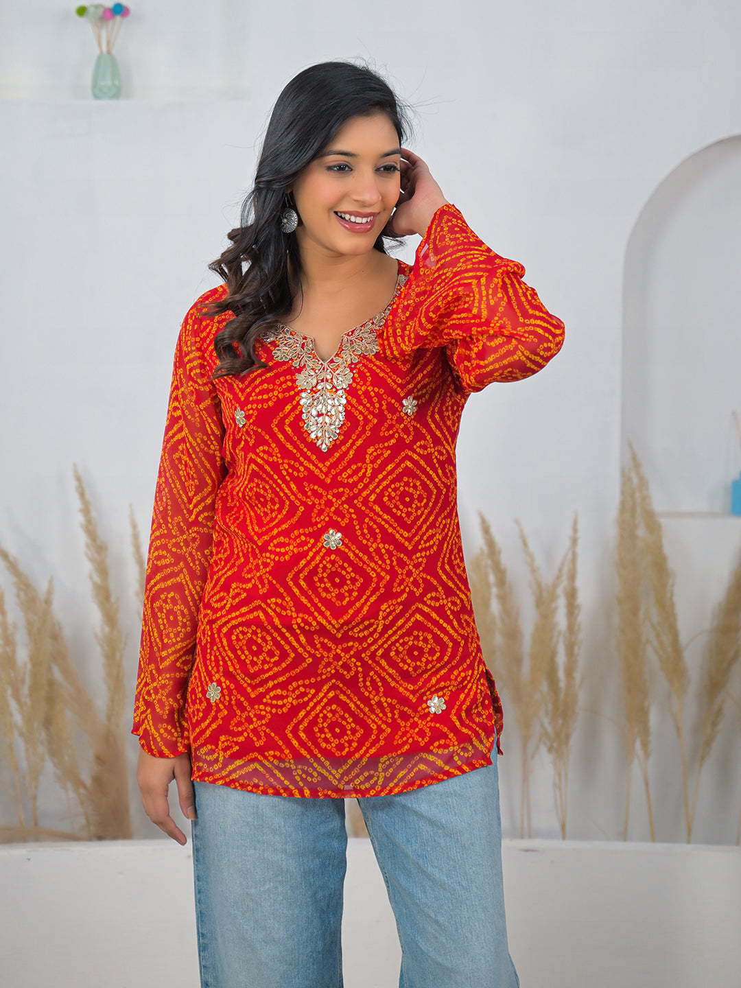 Noe Velarro Red Bandhani Gotta Patti Work Geogratte V-Neck Top
