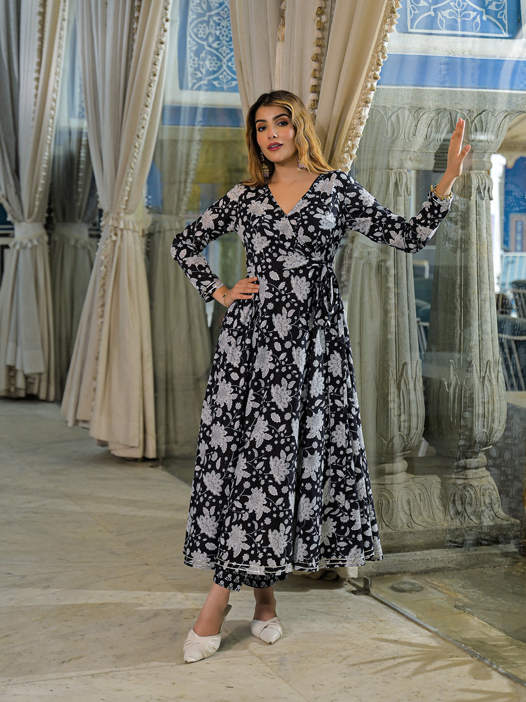 Noe Velarro Black Floral Print Cotton Anarkali Kurta Pant Sets