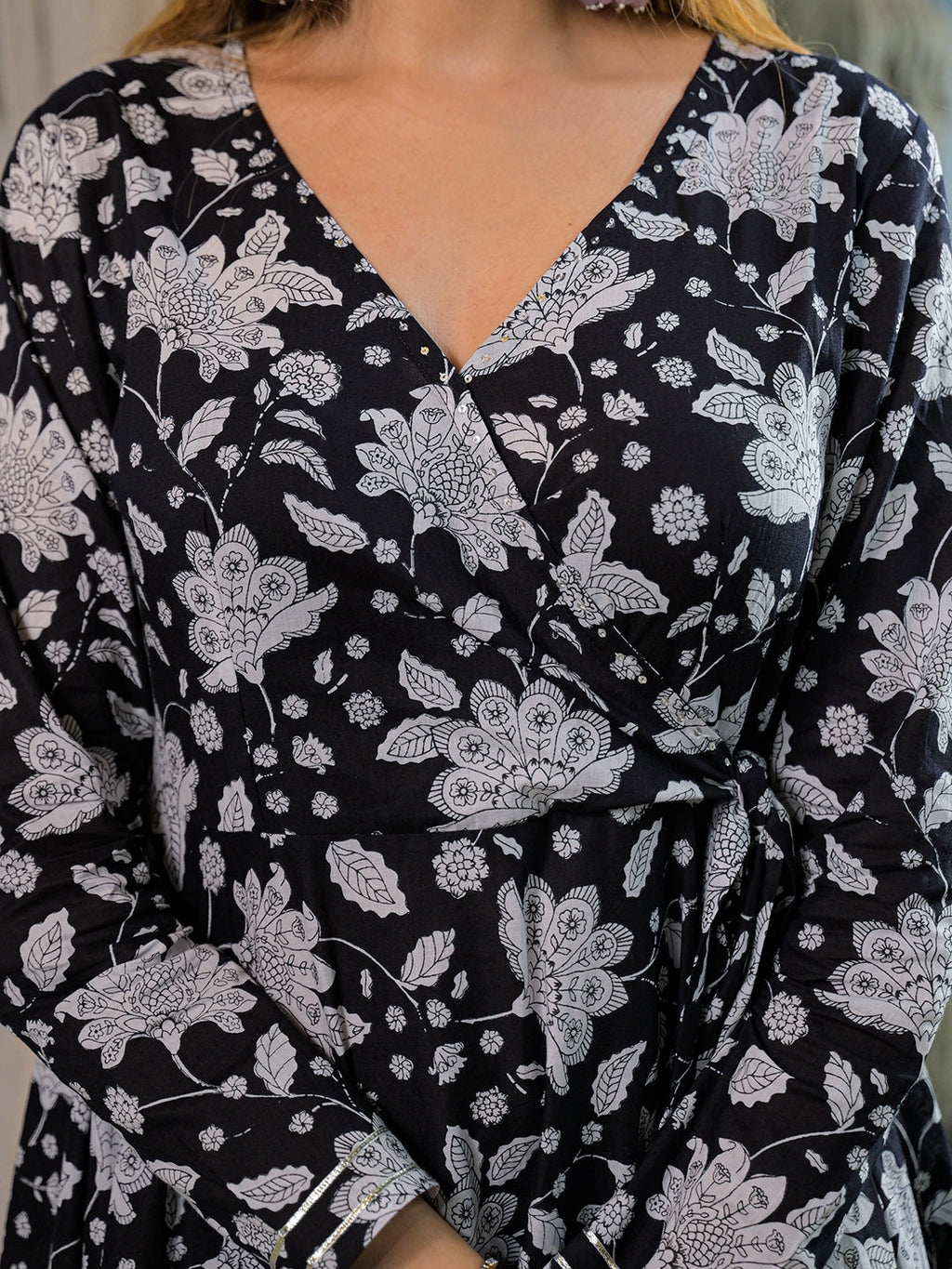 Noe Velarro Black Floral Print Cotton Anarkali Kurta Pant Sets
