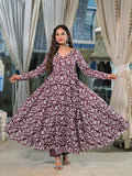 Noe Velarro Burgundy Floral Print Cotton Anarkali Kurta Pant Set