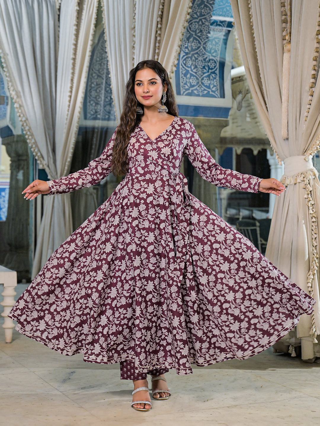 Noe Velarro Burgundy Floral Print Cotton Anarkali Kurta Pant Set
