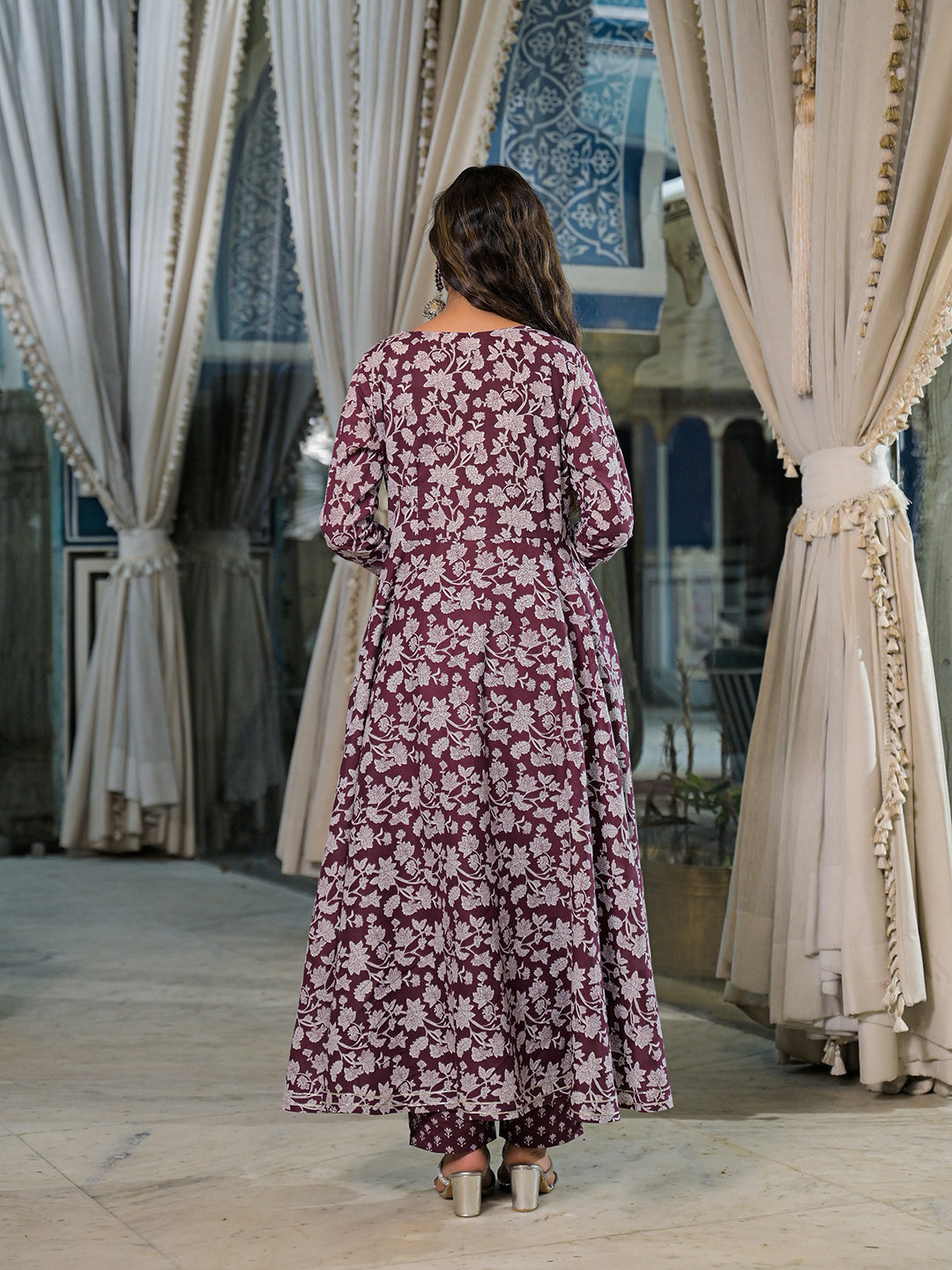 Noe Velarro Burgundy Floral Print Cotton Anarkali Kurta Pant Set
