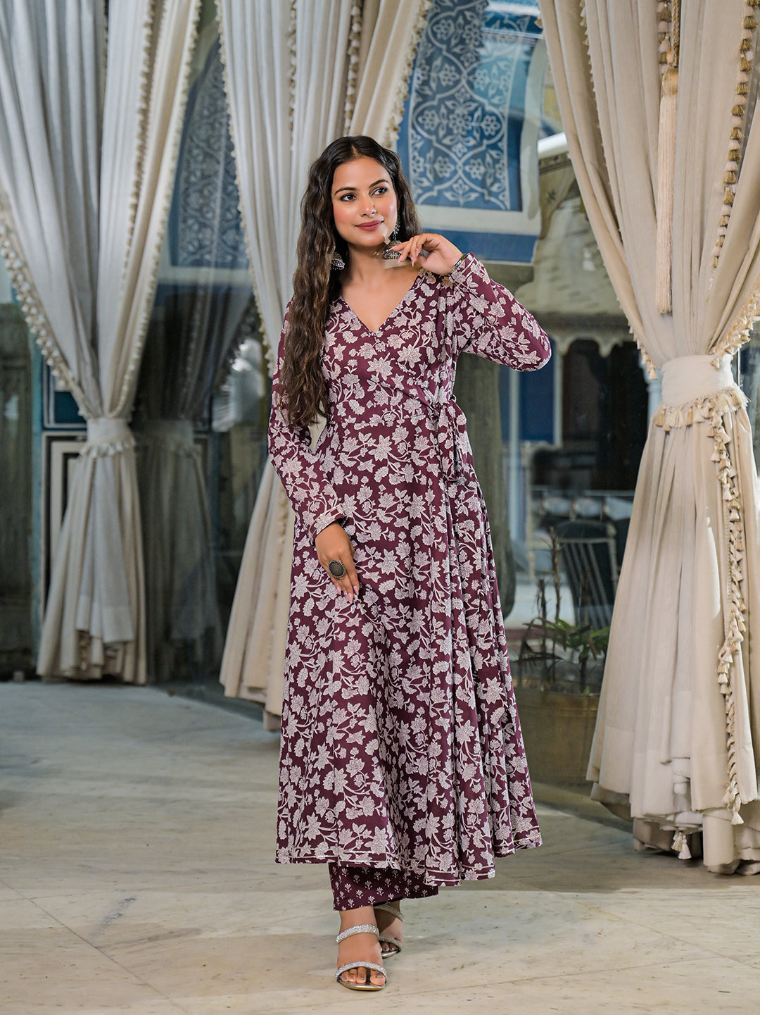 Noe Velarro Burgundy Floral Print Cotton Anarkali Kurta Pant Set