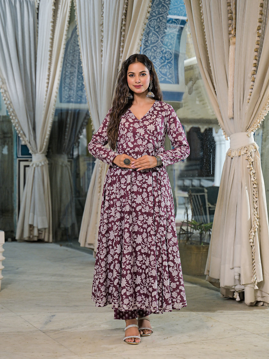 Noe Velarro Burgundy Floral Print Cotton Anarkali Kurta Pant Set