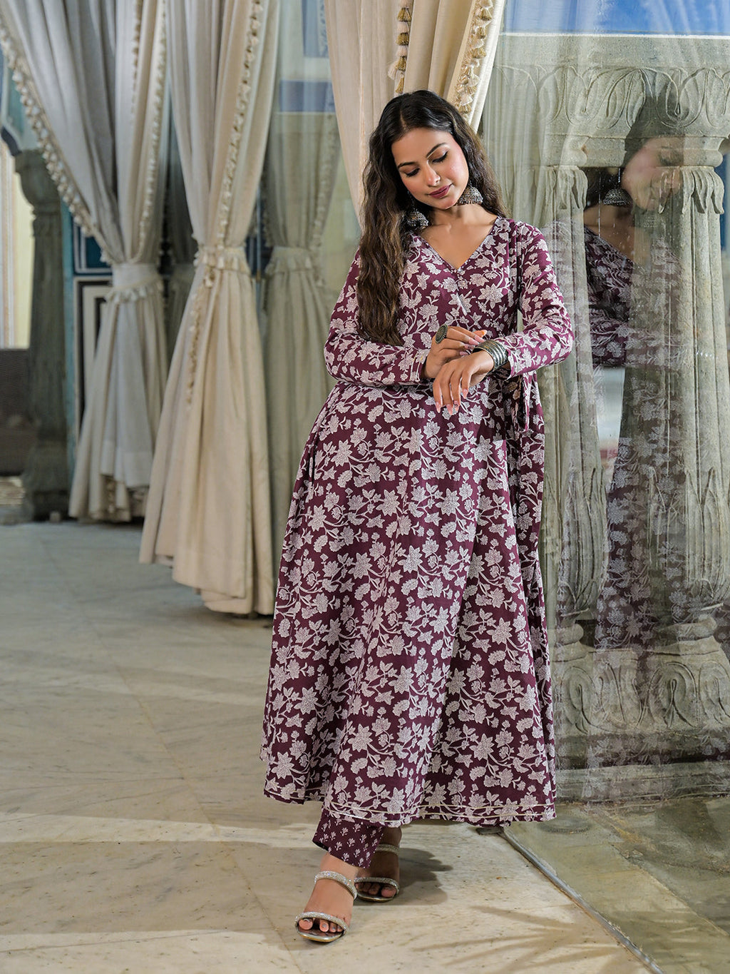 Noe Velarro Burgundy Floral Print Cotton Anarkali Kurta Pant Set