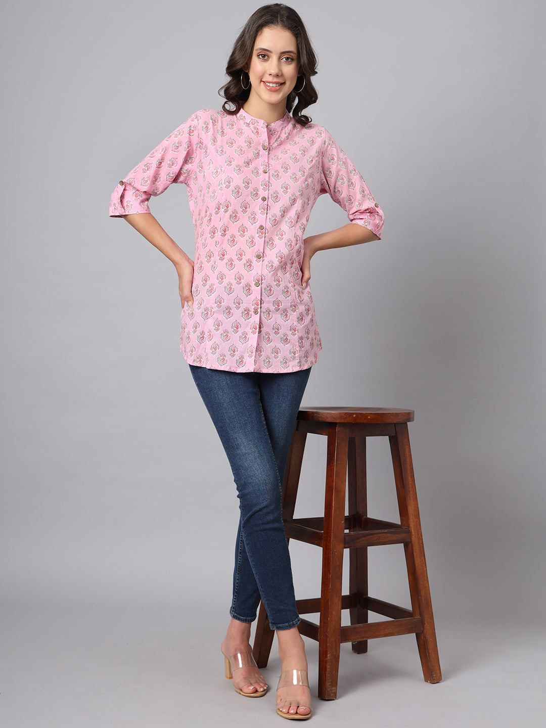 Noe Velarro Pink Floral Printed Mandarin Collar Roll Up Sleeves