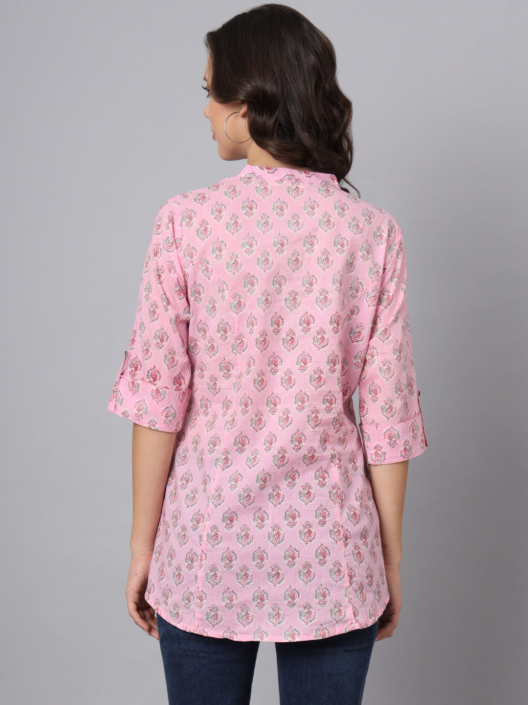 Noe Velarro Pink Floral Printed Mandarin Collar Roll Up Sleeves