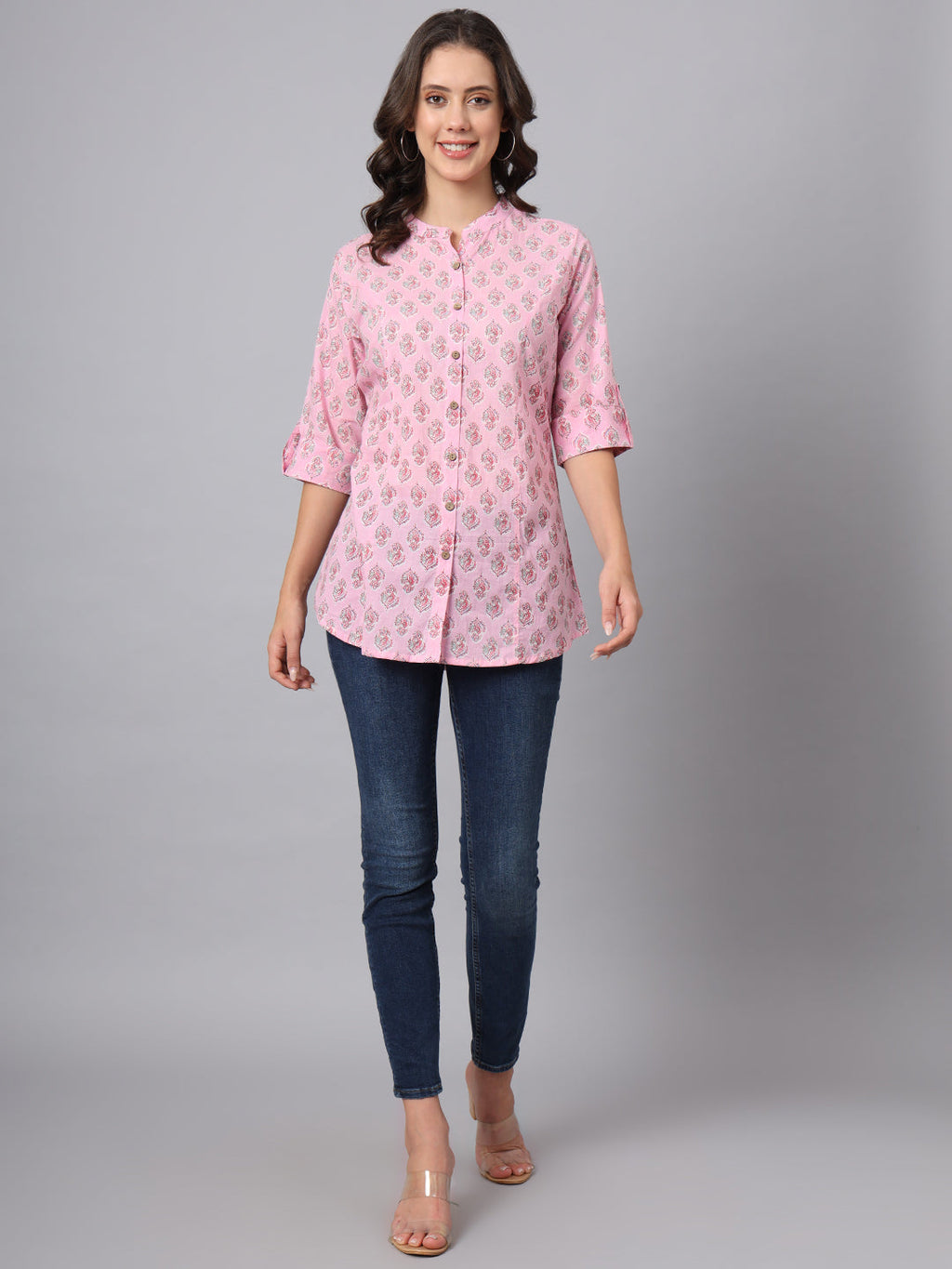 Noe Velarro Pink Floral Printed Mandarin Collar Roll Up Sleeves