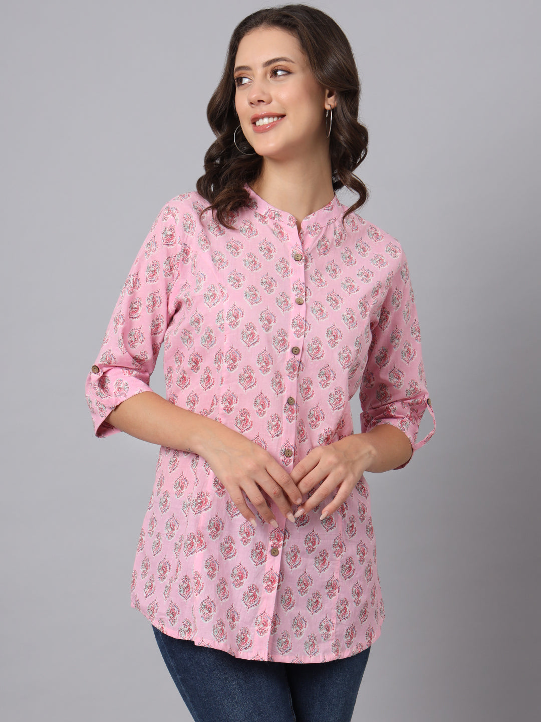 Noe Velarro Pink Floral Printed Mandarin Collar Roll Up Sleeves