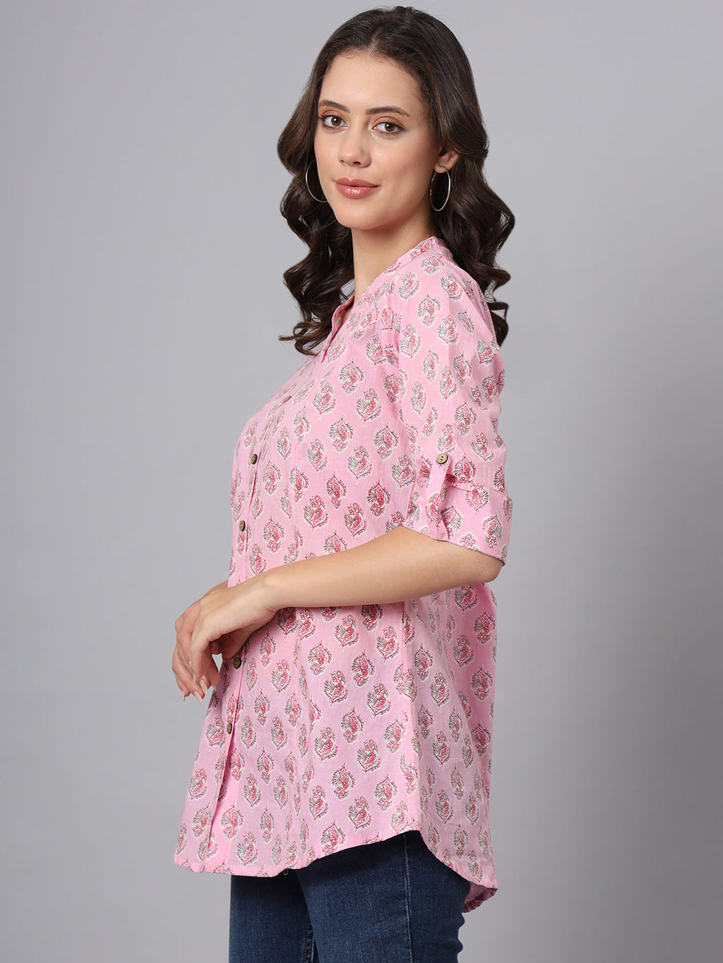 Noe Velarro Pink Floral Printed Mandarin Collar Roll Up Sleeves