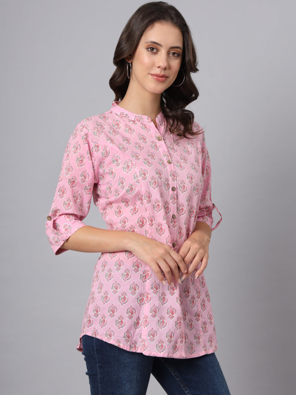 Noe Velarro Pink Floral Printed Mandarin Collar Roll Up Sleeves