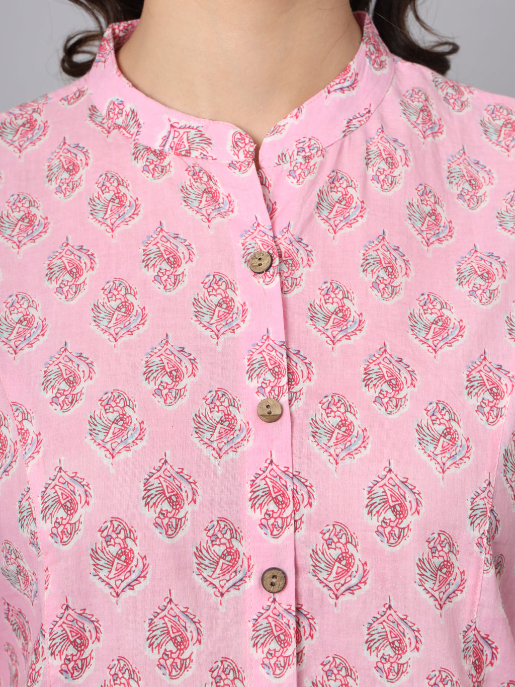Noe Velarro Pink Floral Printed Mandarin Collar Roll Up Sleeves