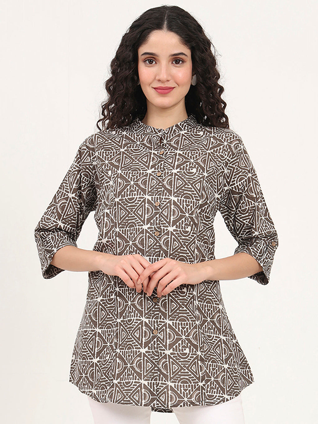 Noe Velarro Dark Grey Geomatric Printed Cotton Top