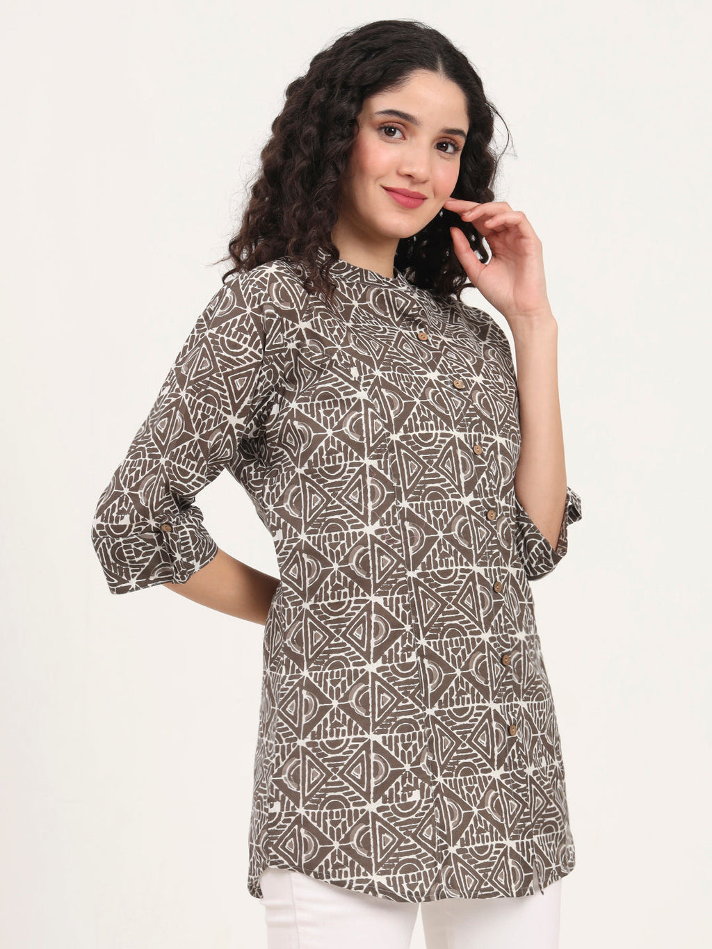 Noe Velarro Dark Grey Geomatric Printed Cotton Top
