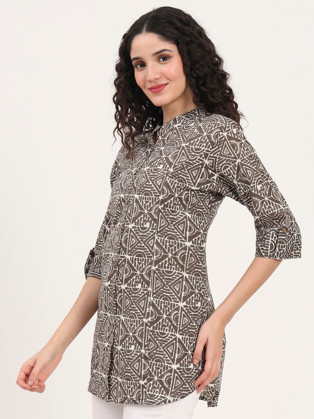 Noe Velarro Dark Grey Geomatric Printed Cotton Top