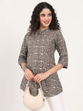 Noe Velarro Dark Grey Geomatric Printed Cotton Top