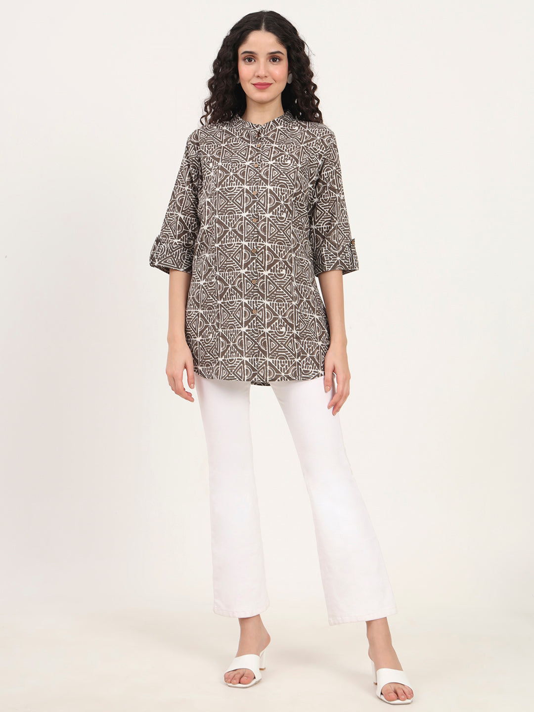 Noe Velarro Dark Grey Geomatric Printed Cotton Top