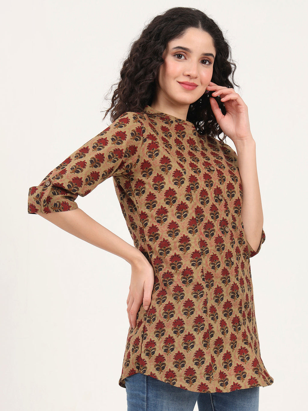 Noe Velarro Brown Floral Printed Cotton Top