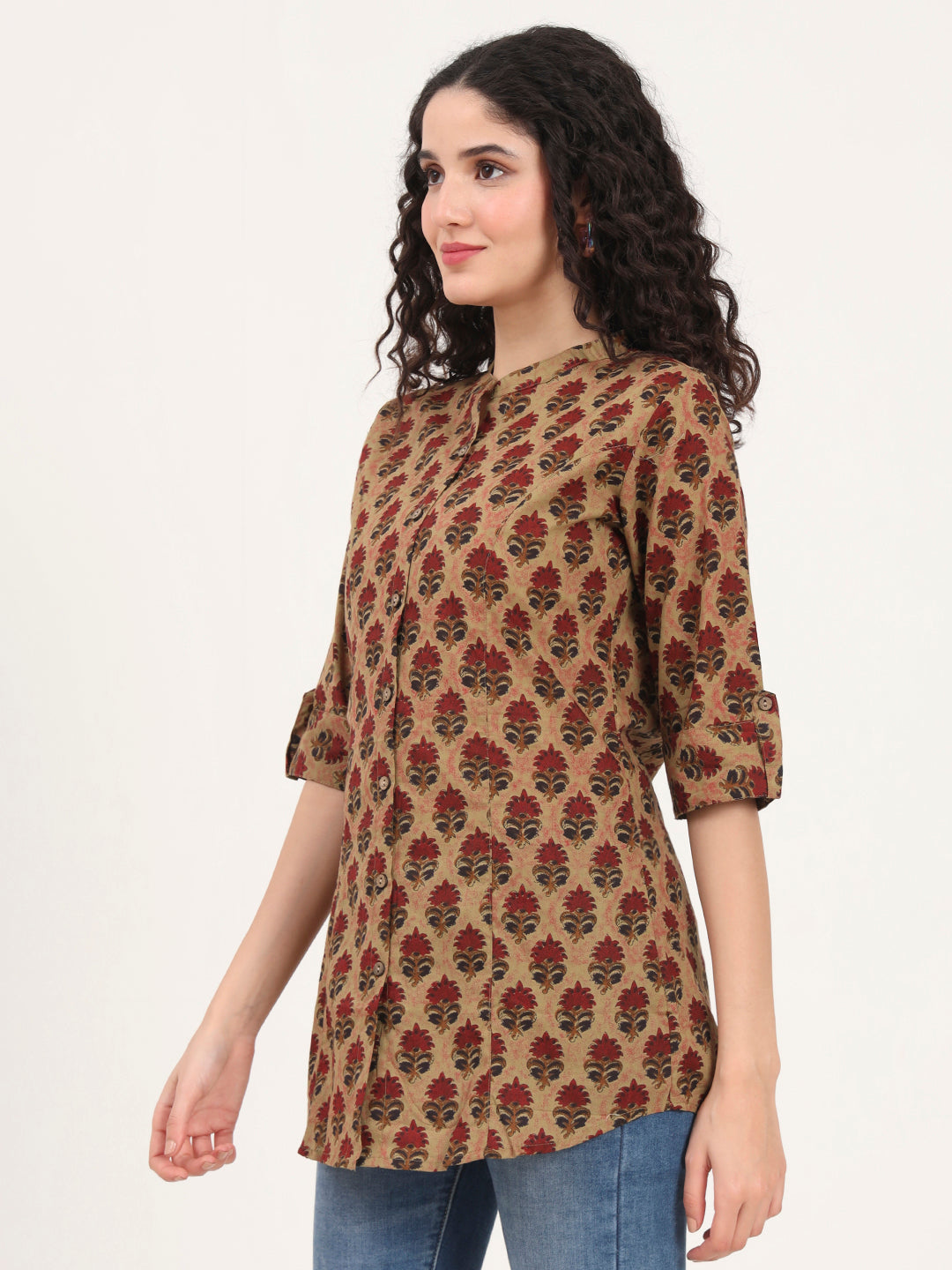 Noe Velarro Brown Floral Printed Cotton Top