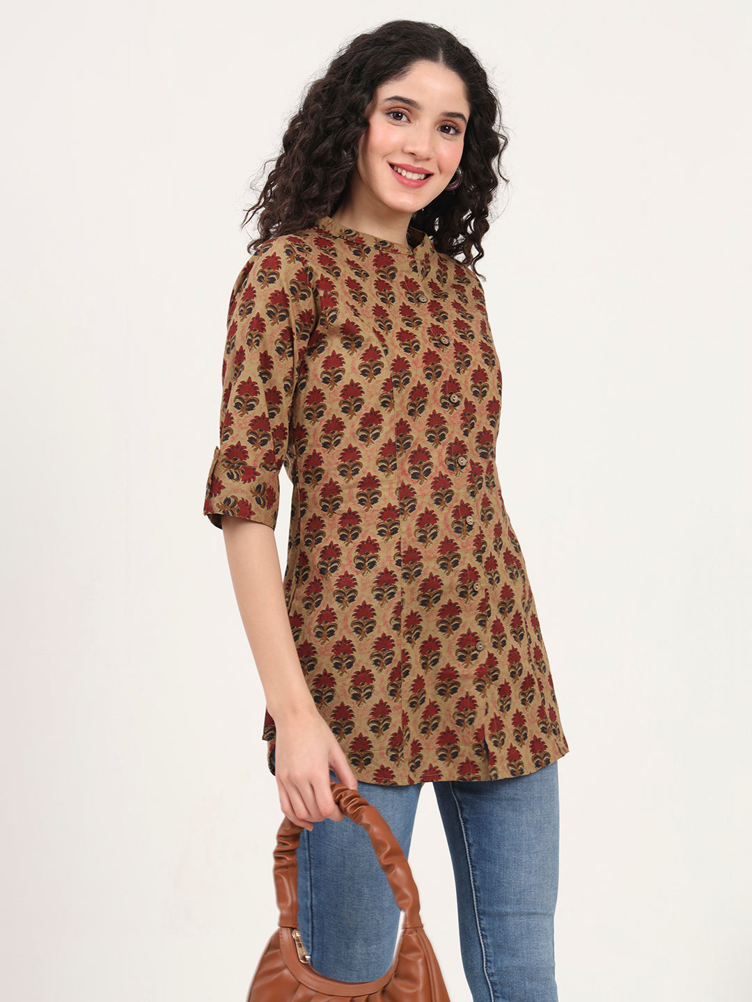 Noe Velarro Brown Floral Printed Cotton Top