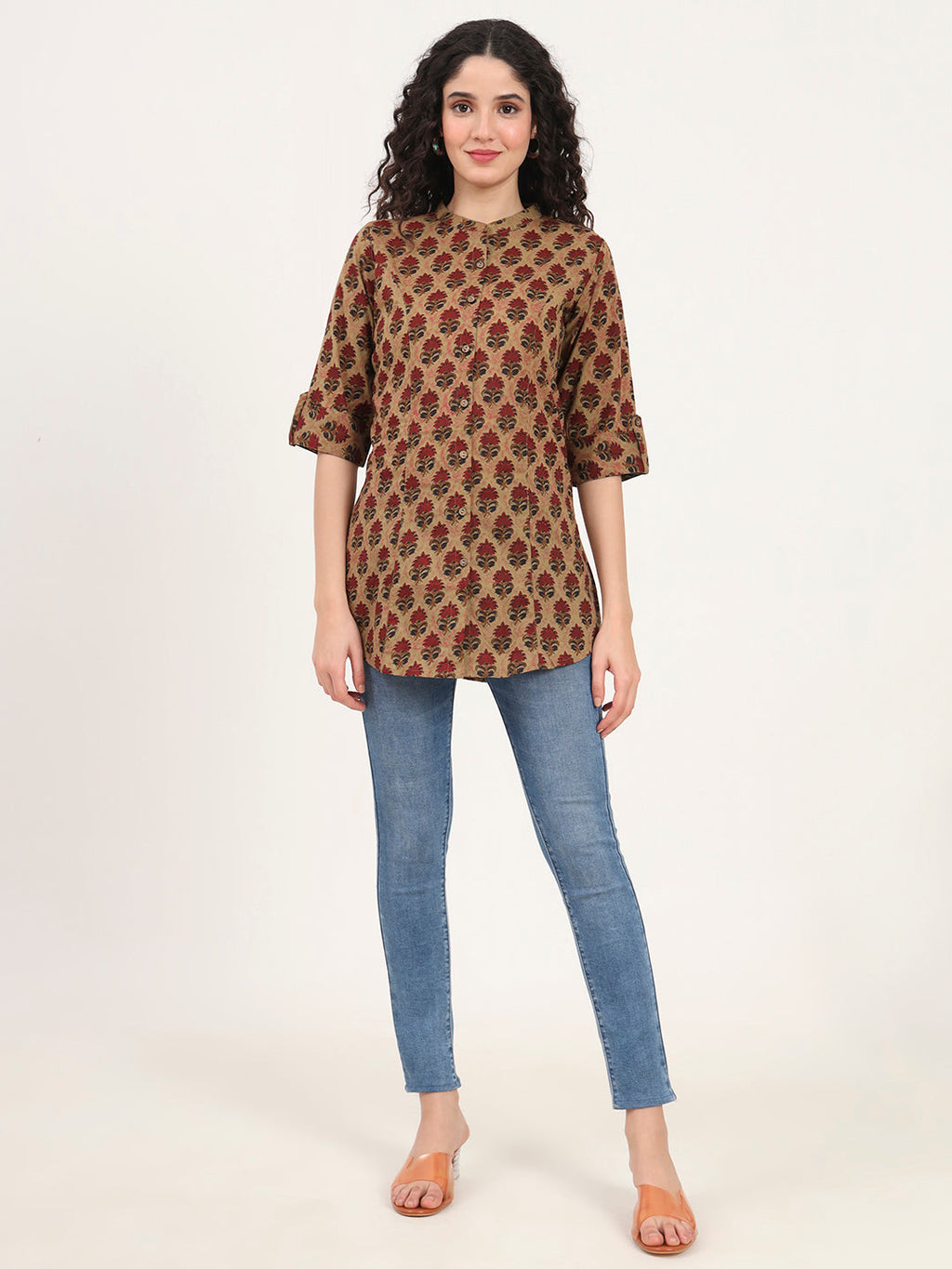 Noe Velarro Brown Floral Printed Cotton Top