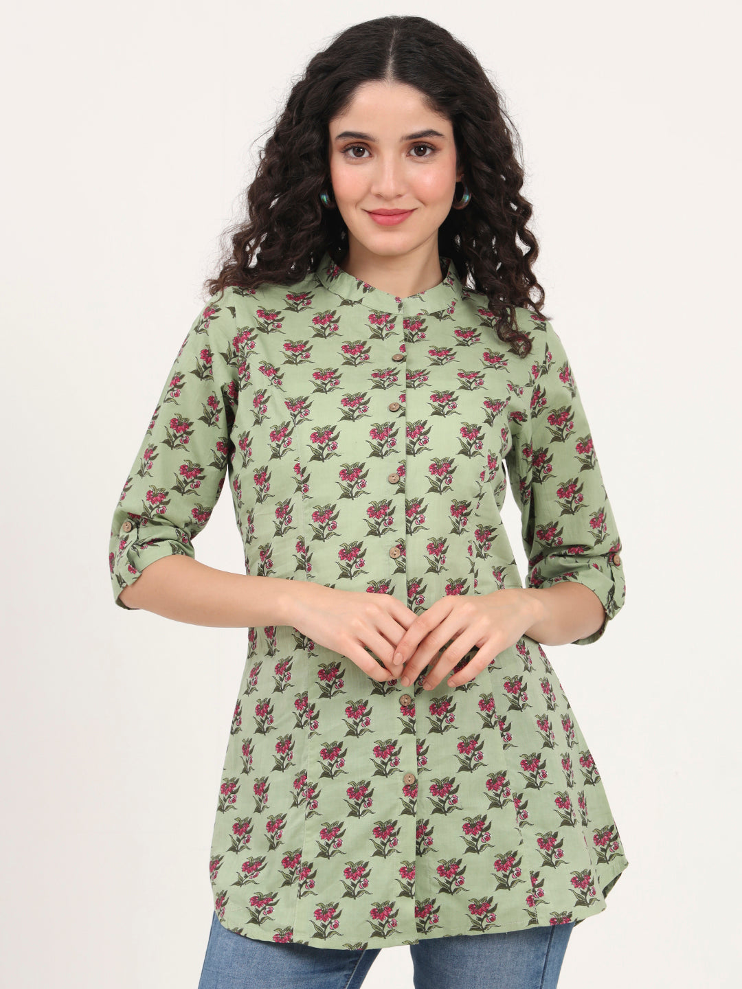 Noe Velarro Green Floral Printed Cotton Top