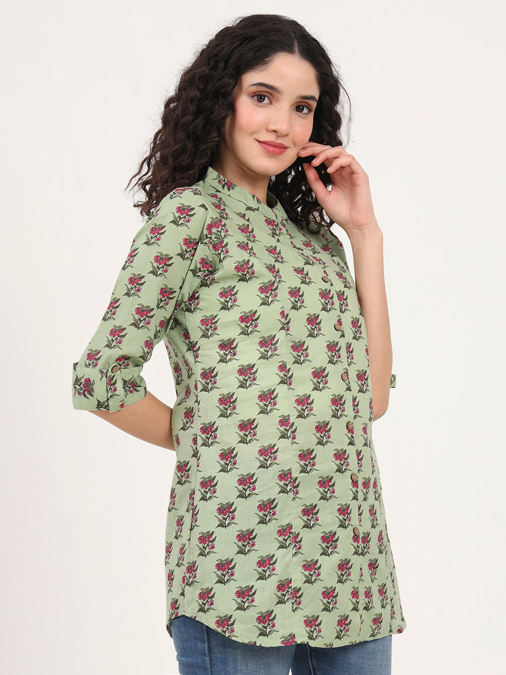 Noe Velarro Green Floral Printed Cotton Top