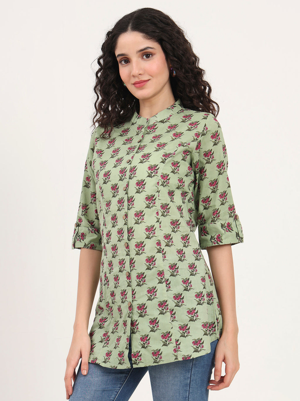 Noe Velarro Green Floral Printed Cotton Top