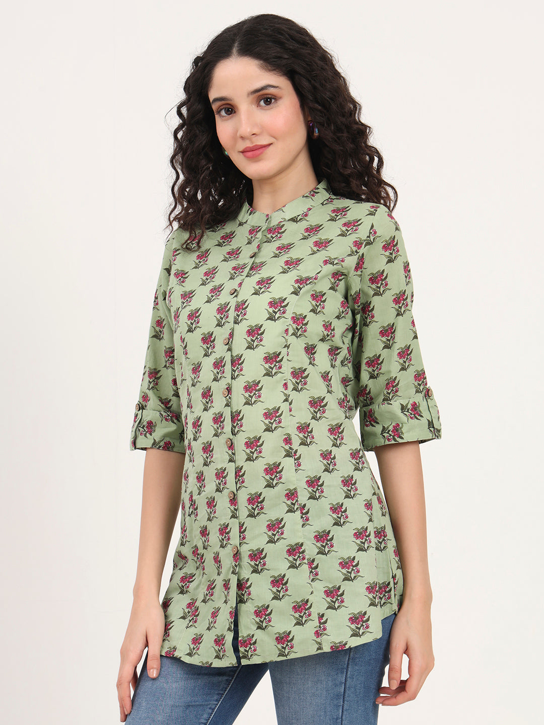 Noe Velarro Green Floral Printed Cotton Top