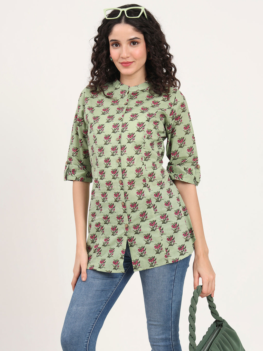 Noe Velarro Green Floral Printed Cotton Top