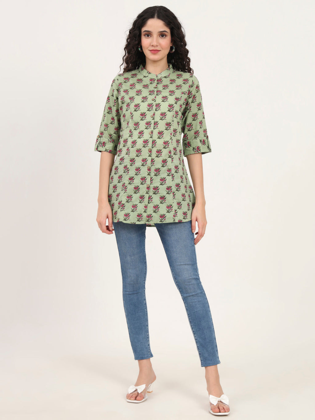 Noe Velarro Green Floral Printed Cotton Top