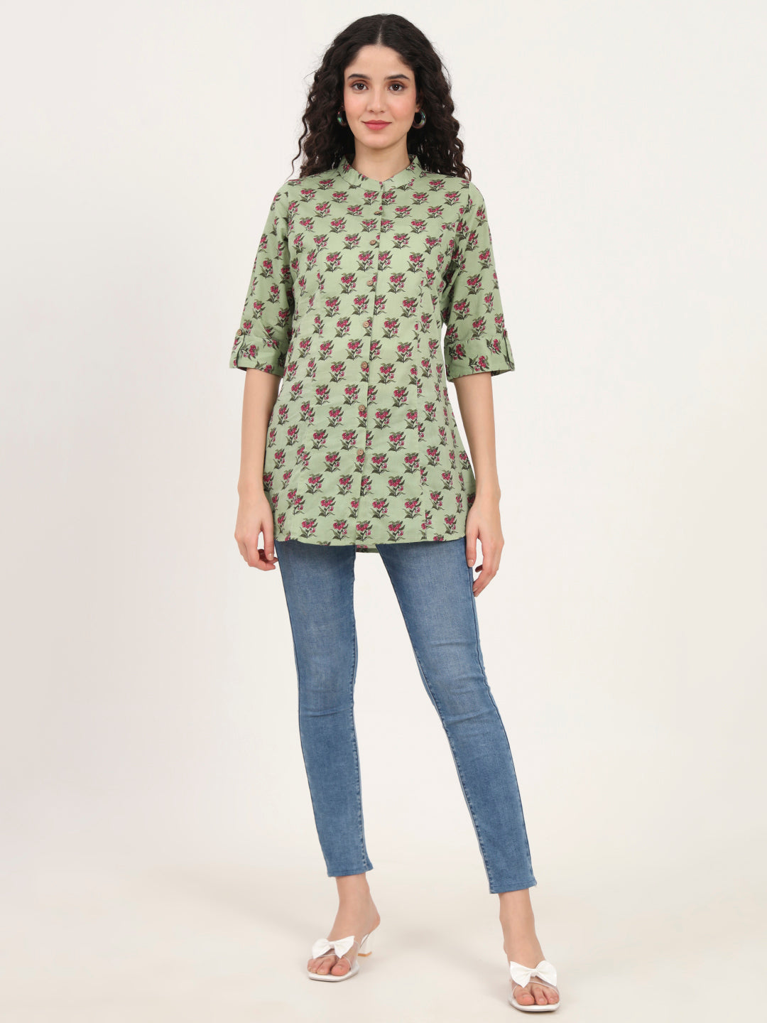 Noe Velarro Green Floral Printed Cotton Top