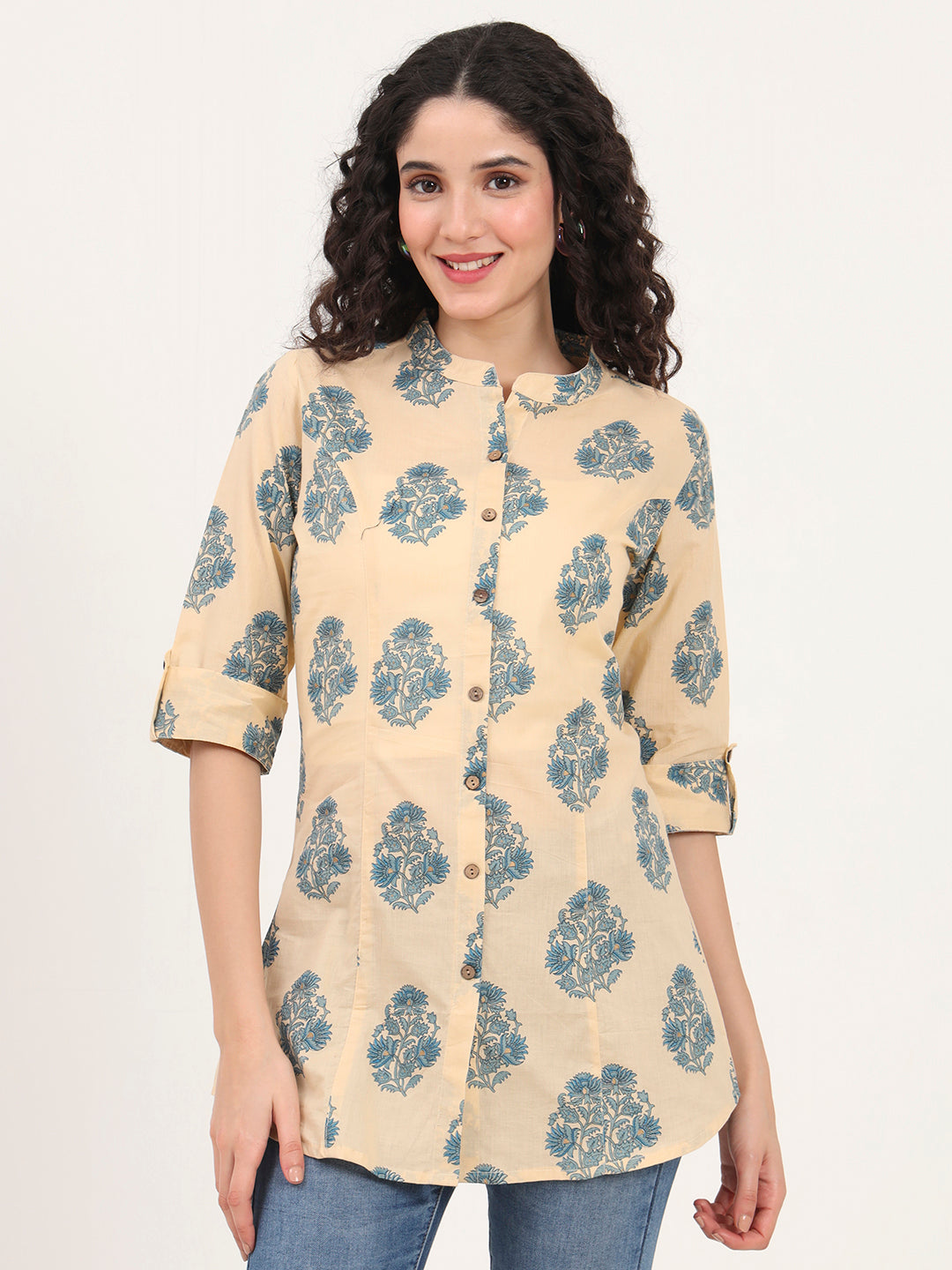 Noe Velarro Beige Floral Printed Cotton Top