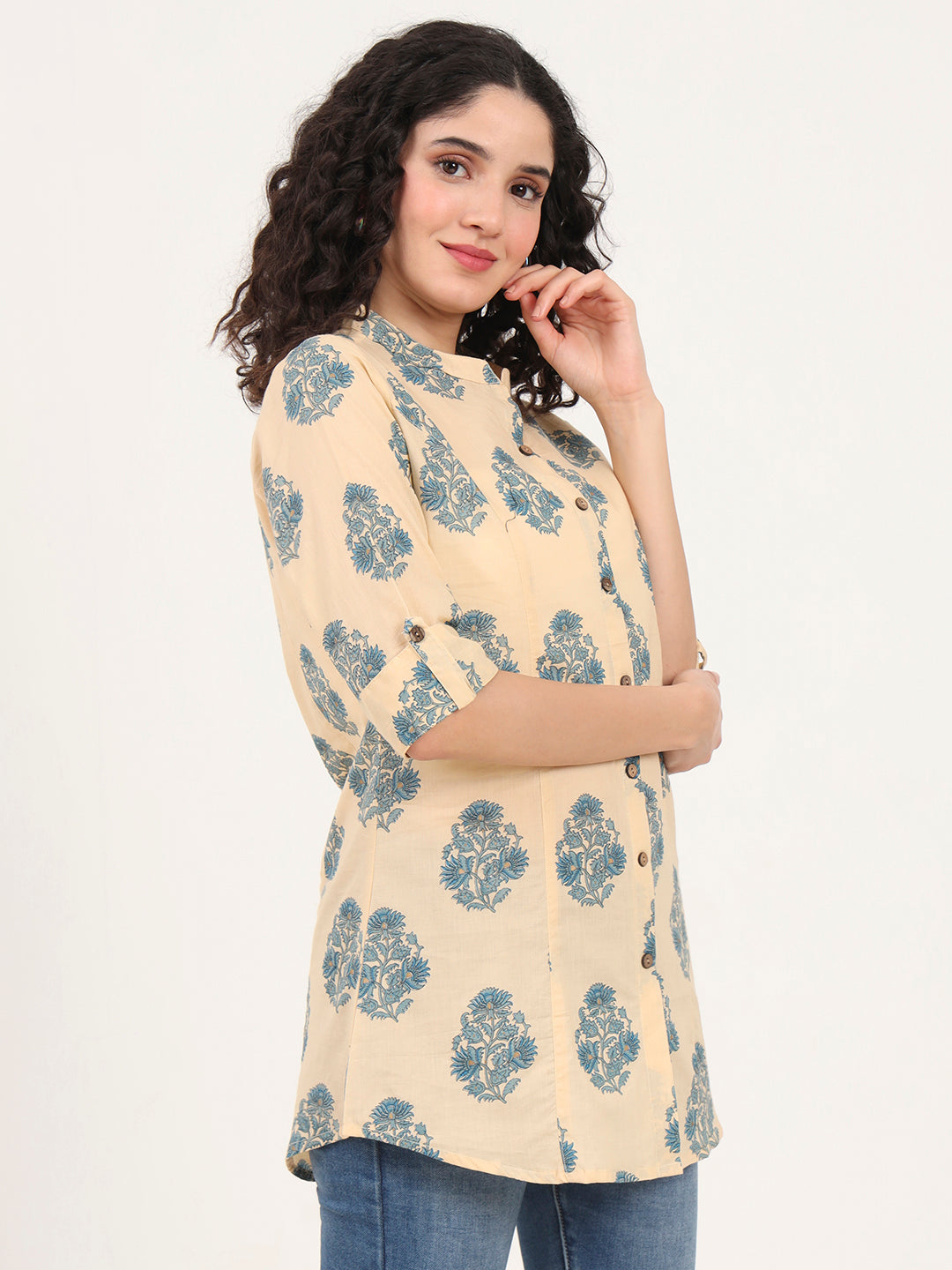 Noe Velarro Beige Floral Printed Cotton Top