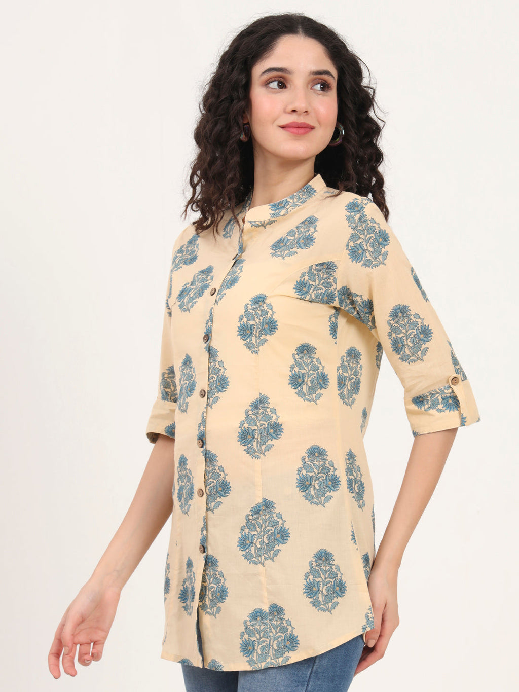 Noe Velarro Beige Floral Printed Cotton Top