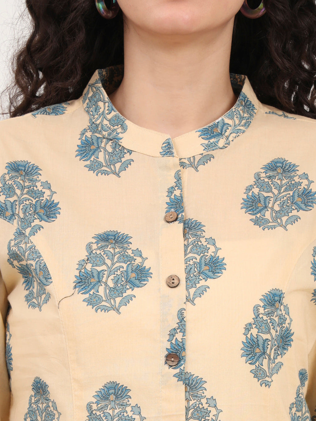 Noe Velarro Beige Floral Printed Cotton Top