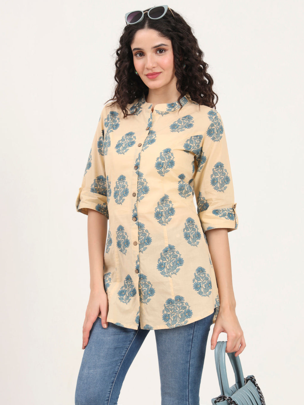Noe Velarro Beige Floral Printed Cotton Top