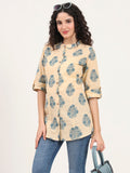 Noe Velarro Beige Floral Printed Cotton Top