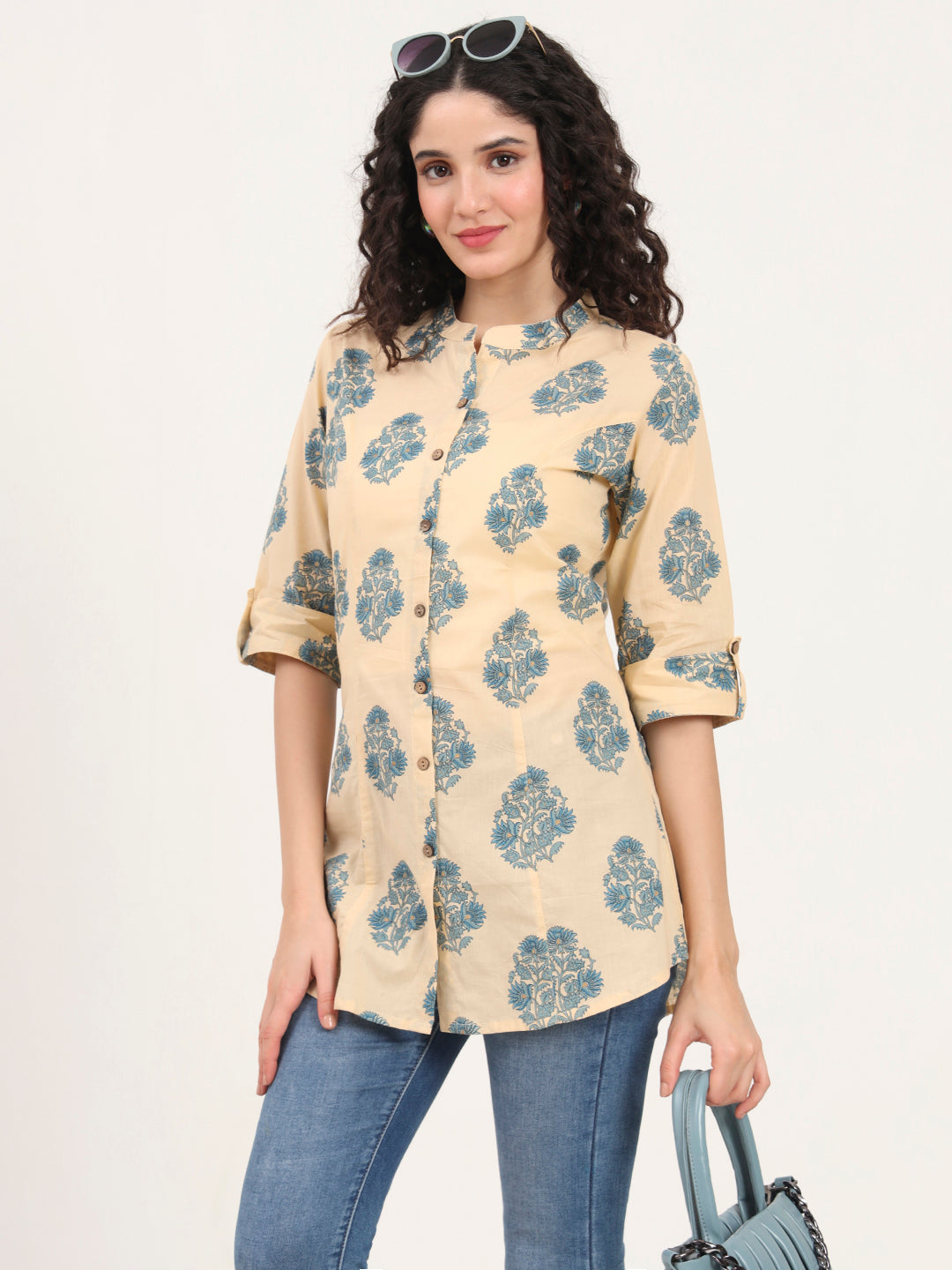 Noe Velarro Beige Floral Printed Cotton Top