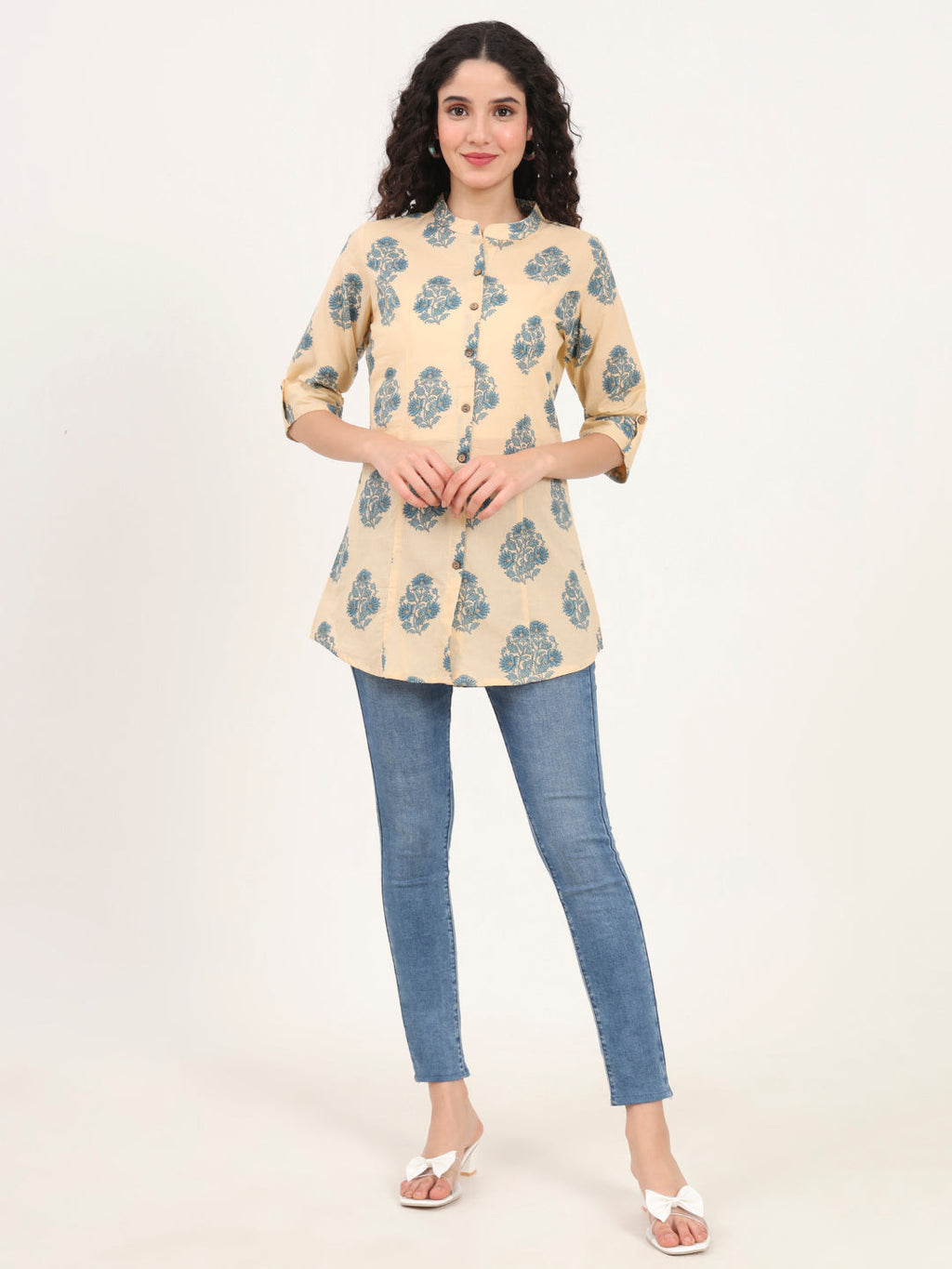Noe Velarro Beige Floral Printed Cotton Top