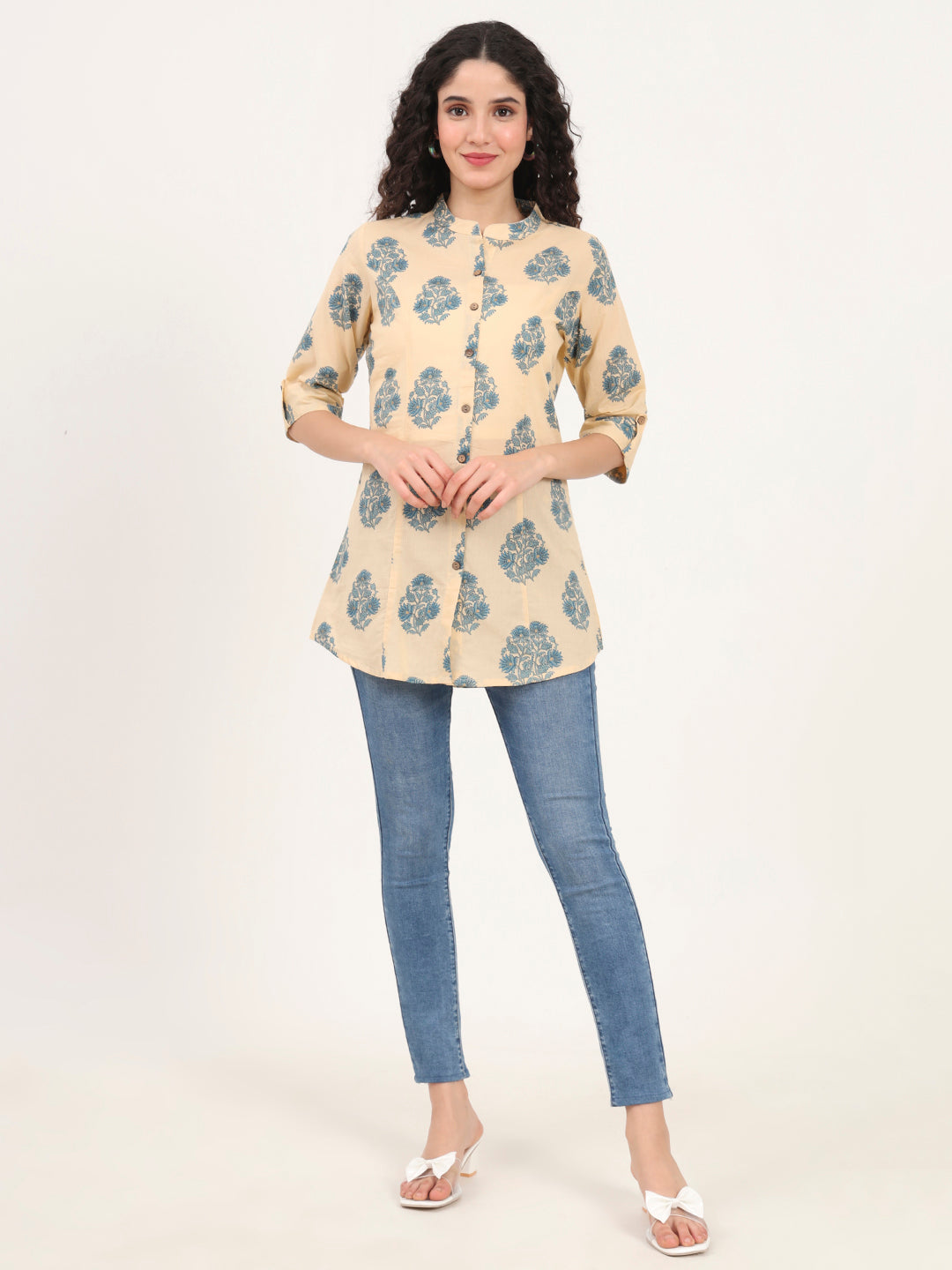 Noe Velarro Beige Floral Printed Cotton Top