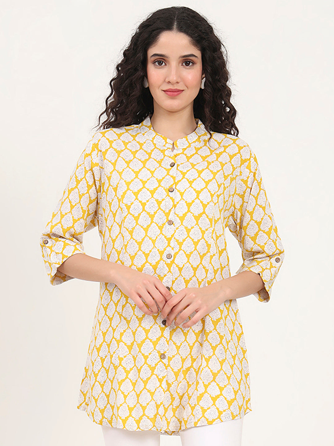 Noe Velarro Yellow Floral Printed Rayon Top